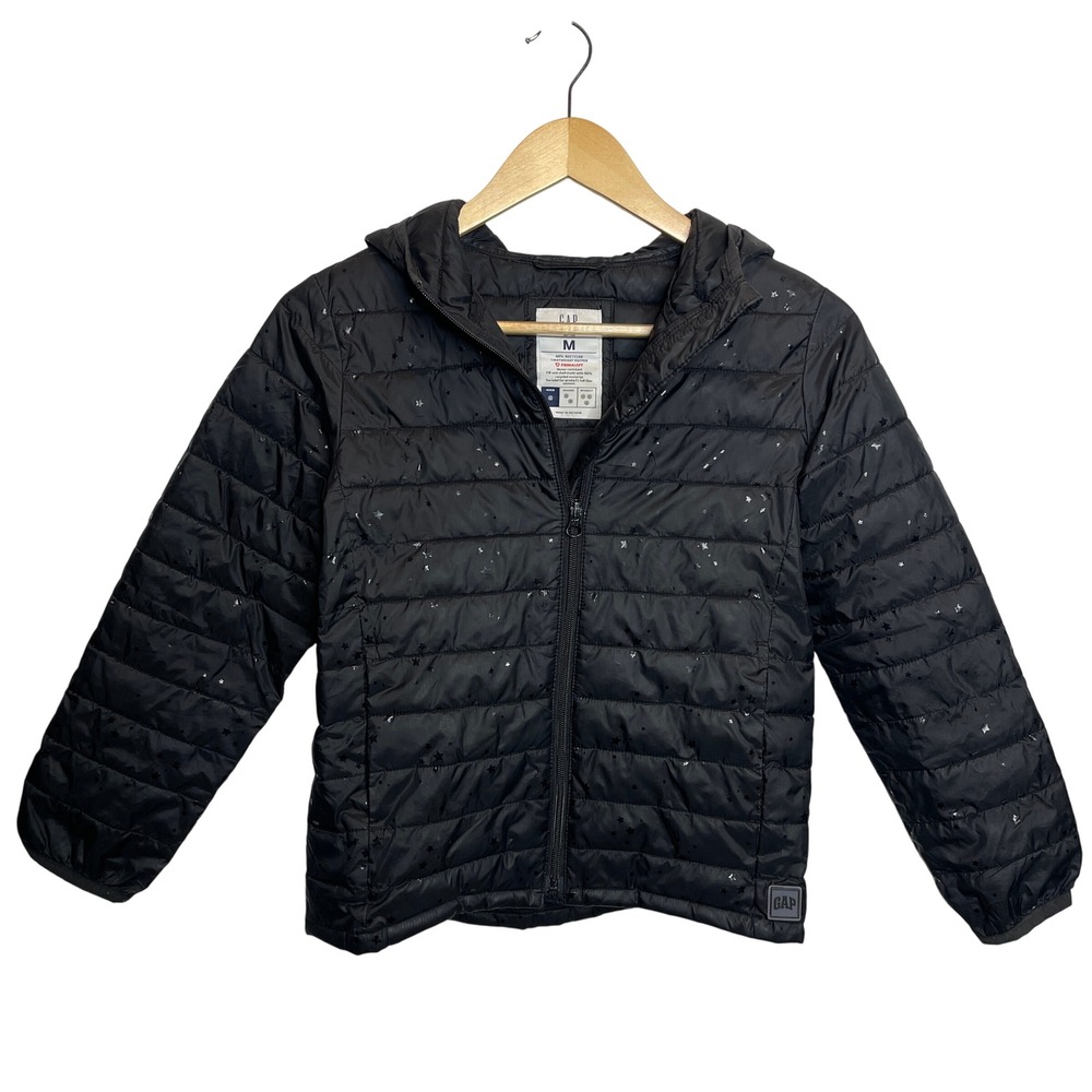 Gap Kids Black Puffer Primaloft Jacket Star Print Hooded Zip Up Size M‎